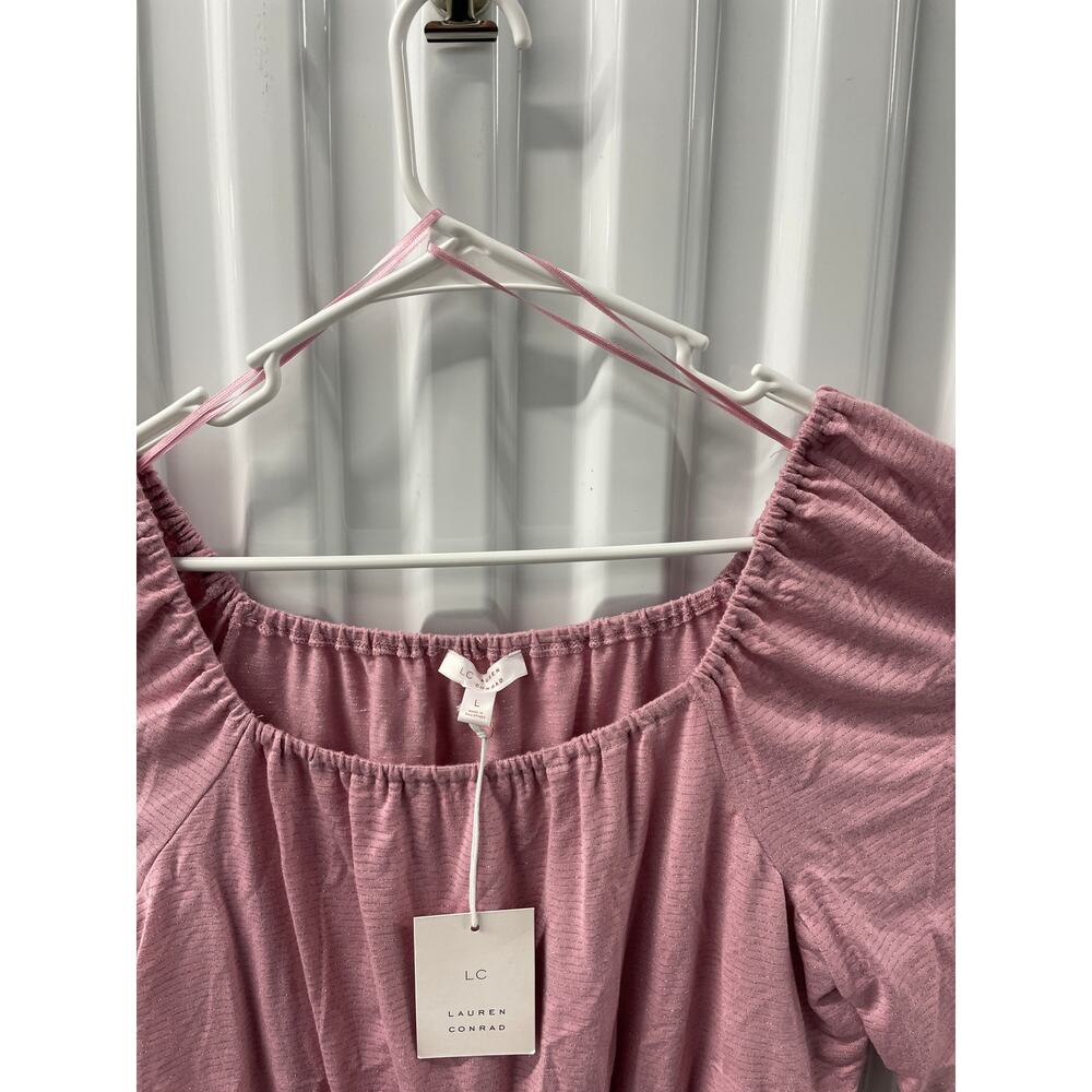 LC Lauren Conrad Knit Smocked WaistTop 651 Baby Rose /Shimmer Gray Stripes L